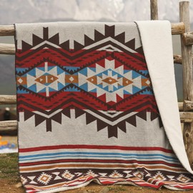 Aztec Throw Blanket with Soft Sherpa Lining, Traditional Southwestern Navajo Tribal Style Warm Throw for Camping, Outdoor, Cozy Boho Blanket for Couch, Sofa, Bed, 50"x60", Stripe Red