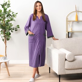 PAVILIA Premium Womens Robe Housecoat, 3/4 Sleeves Zip Up Nightgown For Women with Pockets, Soft Bathrobe Zipper Loungewear Dress Sleepwear (2XL/3XL, Purple)