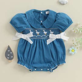 Amnnchya Summer Baby Girl Clothes Newborn Daisy Print Outfit Infant Ruffle Sleeve Bubble Romper 3D Bow One Piece Outfits (Blue Duck Outfit, 0-3 Months)