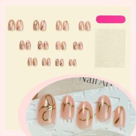 QEYRIYI 3D Gold Stripe Press on Nails Short Oval Fake Nail with Designs 3D Irregular Gold Line False Nails Acrylic Glue on Nail Glossy Full Cover Artificial Stick on Nail for Women 24 Pcs