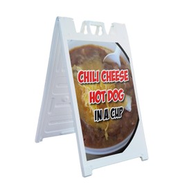 A-Frame Sidewalk Chili Cheese Hot Dog in A Cup 24" x 36" Double Sided A-Frame Sidewalk Sign, Includes 2 Plastic Inserts | Foldable Portable White Signicade Sandwich Board Signs