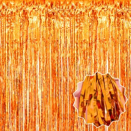 3 Pack 3.28x9.8 Ft Orange Foil Fringe Curtains Backdrop, Metallic Tinsel Streamers Curtains Backdrop for Photo Booth, Birthday, Graduation, Mother's Day, Disco, Celebration Party Decoration