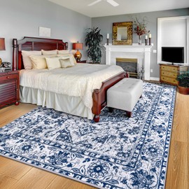 YJ.GWL Area Rug 4x6, Washable Bedroom Rug, Soft Accent Rugs for Living Room Dining Room, Non-Slip Non-Shedding Low-Pile Entryway Rug Floor Carpet, Blue