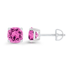 925 Sterling Silver 6mm Cushion Cut Created Pink Sapphire Birthstone Screwback Stud Earrings