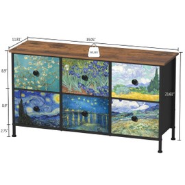 EXOTICA 6 Drawer Dresser for Bedroom Van Gogh Chest of Drawers Wide TV Stands Fabric Storage Drawer Unit for Living Room Entryway Closet Sturdy Steel Frame Wood Top