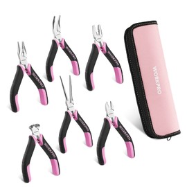 WORKPRO 6-Piece Mini Pliers Set, Needle Nose, Long Nose, Bent Nose, Diagonal, End Cutting and Linesman, for Crafts Work, Electronic Repair, with Pouch - Pink Ribbon