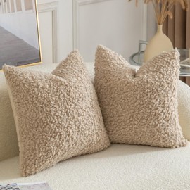 Yaertun Pack of 2 Faux Fur Throw Pillow Covers Decorative Sherpa Boucle Pillow Covers Fuzzy Soft Pillowcases Sheepskin Fleece Cushion Case for Couch Sofa Bed Living Room 18x18 Inch Oatmeal