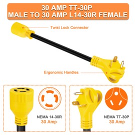 Suplevel Generator Transfer Switch Adapter Cord NEMA TT-30P to L14-30R, 3 Prong 30 Amp RV Generator TT-30 Male Plug to 4 Prong 30 Amp Inlet Box L14-30 Female Connector, STW 10AWG/3C, ETL Listed