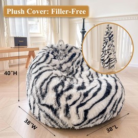 XeGe Zebra Print Faux Fur Bean Bag Chair Cover (No Filler), Striped Fluffy Stuffed Animal Storage Bean Bag, Furry Fuzzy Striped Comfy Beanbag Cover for Adult Kid, Anti-Slip, Black and White