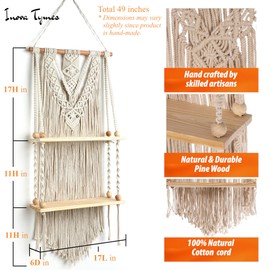 INOVA TYMES Macrame Wall Hanging Shelf 2 Tier - Boho Bedroom Decor | Macrame Wall Decor | Boho Shelf Decor, Hanging Shelves for Wall, Woven Rope Floating Wood Shelves & Storage for Small Plants