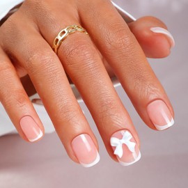 French False Nails - 24Pcs Square French Fake Nails with Elegant White Bow - Press on Nails with Glue - Stick on Nails - Glossy Stick on Nails with Nail Glue for Women Girls Nail Art