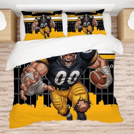 Allenjoy Pittsburgh American Football Black Toughness Comforter Set with 2 Pillowcases for Men Fans Teens Brother Son Bedroom Nursery Bedding Room Decor, Machine Washable, Full Size