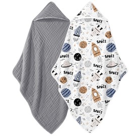 Looxii Baby Bath Towels 2 Pack Muslin Hooded Baby Towels for Newborn and Infants, 100% Cotton, Large 32x32Inch, Soft and Absorbent Grey+Space