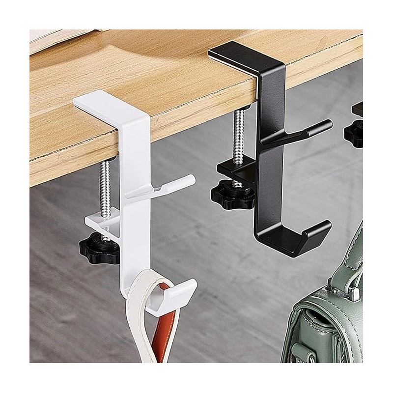 Mijradge Desk Mount Bag Holder Hook Clamp, 2-Pack, White+Black, Aluminium,