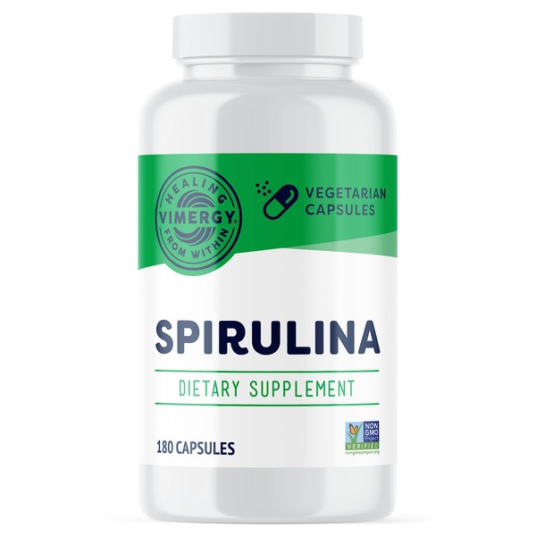 Vimergy Natural Spirulina Capsules – Super Greens Supplement – Nutrient Dense Blue-Green Algae Superfood Capsules - USA Grown, Non-GMO, Soy-Free, Gluten-Free, Kosher, Vegan & Paleo Friendly (180 ct)