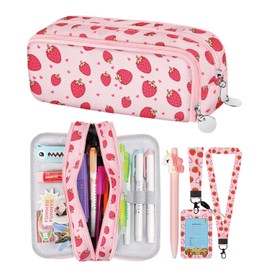 Bistup Pencil Case Pouch Pen Bag for School Cute Kawaii Girls Girly Cartoon Strawberry Teen Girls Zipper Pencil Pouches Large Stationary Bags 3 compartments with Lanyard+ID Badge Holder+Pen+Sticker