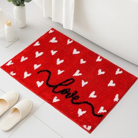 Hallswl Valentine's Day Red Bathroom Rugs,White Heart and Love Tufted Soft Absorbent Bath Rug Non Slip Washable Bathroom Mat for Valentine Home Kitchen Decor Indoor Bath Mat,20x32 Inch