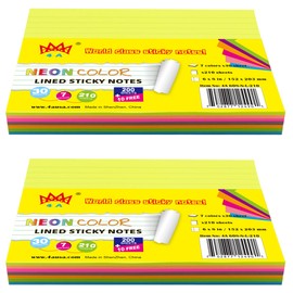 4A Sticky Notes,6 x 8 Inches,Large Size,7 Neon Color Assorted,Lined,Self-Stick Notes,210 Sheets/Pad,1Pad/Pack,2 Packs,420 Sheets Total,4A 608-N-L-210