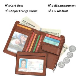 FALAN MULE Wallet for Men RFID Blocking Bifold Leather Card Holder with Zipper Change Pocket and Removable ID Windows