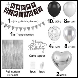 Black Silver Birthday Decorations,Happy Birthday Banner Black and Silver Balloons Fringe Curtain Heart Foil Balloons for Men Women Boys Girls