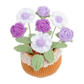 Knitting Crochet Flowers Potted Plants Handmade Knitted Rose and Daisy Flowers Completed Crochet Flower with Exquisite Pot for Home Office Party Desk Table Centerpieces Decor