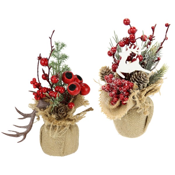 Flair Flower Set da 2 pezzi con albero di abete, bacche e corna di alce in vaso di iuta, fiori artificiali, fiori di Natale, fiori di Natale, fiori d'inverno, piante, rami, decorazione natalizia