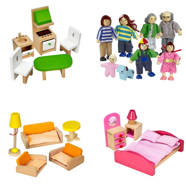 Dragon Drew Dollhouse Furniture Set - Wooden - Living Room, Bedroom and Kitchen Accessories, Family Members, Pet – 100% Natural Wood, Nontoxic Paint, Smooth Edges