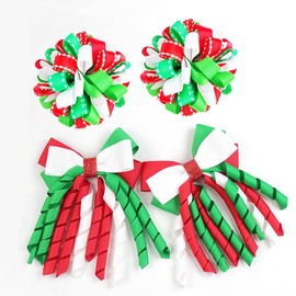 4Pcs Christmas Curly Ribbon Hair Bow Clips - Red White Green Handmade Grosgrain Ribbon Ballflower Toddlers Kids Cheer Bows Non-slip Alligator Hair Accessories for Christmas Party (Red/Green/White)