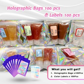100 Pack Resealable Bags for Small Business, Mylar Bags with Front Window Holographic Bags Mylar Ziplock Bags for Food Storage Candy with 100 Color Labels(Purple-Pink,3 X 4.7 Inch)