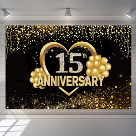 Happy 15th Anniversary Banner Background Decorations, Wedding Anniversary 15th Happy Anniversary Party Poster Accessories Fabric Sign Poster, Black Gold Anniversary Decor, 1.5m
