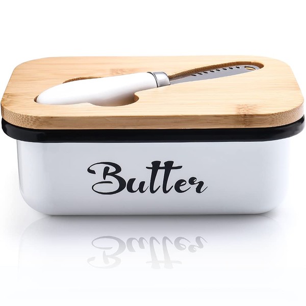 Butter dish with wooden lid, stainless steel butter dish for 250 g butter, butter dish with multifunctional butter knife, large butter dish made of stainless steel, butter box for household and