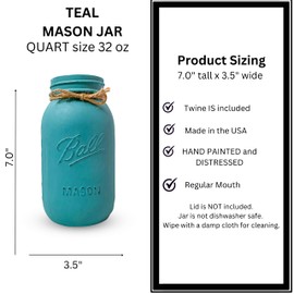 TEAL Seafoam Green, HAND PAINTED and DISTRESSED, Quart Size Mason Jar, 32 oz. Regular Mouth, Rustic Farmhouse Style, Mason Jar Centerpiece Table Decorations, Teal Centerpiece Kitchen Table Decor