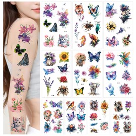 10 Sheets 3D Watercolor Temporary Tattoos For Women Girls-Colorful Flower Hummingbird Butterfly Realistic Long Lasting Fake temporary tattoo Waterproof Tattoos For Women Adult Body Art