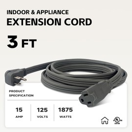 GREATIDE Heavy Duty Appliance Extension Cord 3 ft - 14 Gauge 3 Prong Flat Plug Extension Cord, 15 Amp SPT-3 Extension Cable for Refrigerator, Space Heater, Air Conditioner, Indoor Use, White