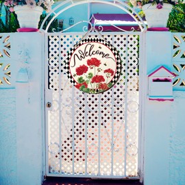 Ripeng Welcome Geranium Flower Sign for Front Door Decor Summer Red Floral Buffalo Plaid Wood Door Hanger for Outdoor Rustic Wall Hanging Decoration Farmhouse Wreath for Indoor Home,11.81 Inch
