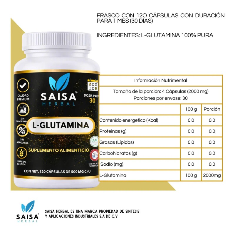 Glutamina 100 Pura 120 Cáps Saisa Herbal Suplemento Natural Apoyo