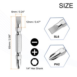 HARFINGTON Magnetic Double Ended Screwdriver Bit 6mm PH2/SL6 2.56"/65mm 1/4" Hex Shank CR-V Steel Phillips Cross Slotted Flat Screw Driver Bit for Power Screwdriver Impact Drill Tool