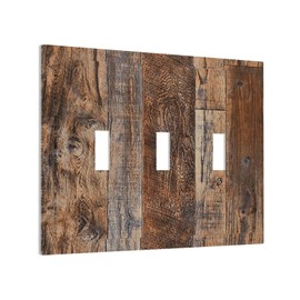 Rustic Brown Wood Grain 3 Gang Artistic Light Switch Covers Triple Toggle Wall Plate 3 Hole Electrical Switch Plate Covers Faceplate for Bathroom 4.8 X 6.7 IN