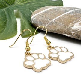 White Paw Print Earrings, Cute Enamel Paw Print Charms on Nickel Free Gold Tone Hooks : 34mm long, Pet Owner Gift for Women, Animal Cat and Dog Lover
