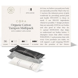 Cora Organic Tampons | Light/Regular/Super Absorbency Variety Pack | 100% Cotton Core, Unscented with BPA-Free Applicator | Leak Protection, Easy Application | Non-Toxic, Hypoallergenic (36 Count)