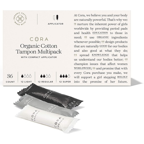 Cora Organic Tampons | Light/Regular/Super Absorbency Variety Pack | 100% Cotton Core, Unscented with BPA-Free Applicator | Leak Protection, Easy Application | Non-Toxic, Hypoallergenic (36 Count)