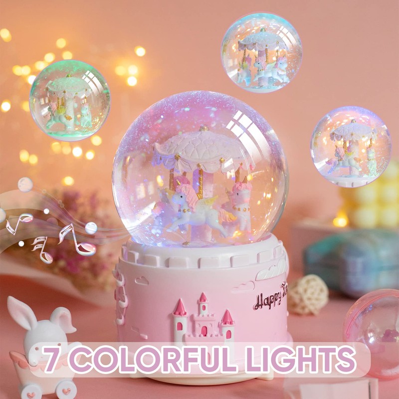 Unicorn Musical Snow Globe for Kids Girls Carousel Music Box