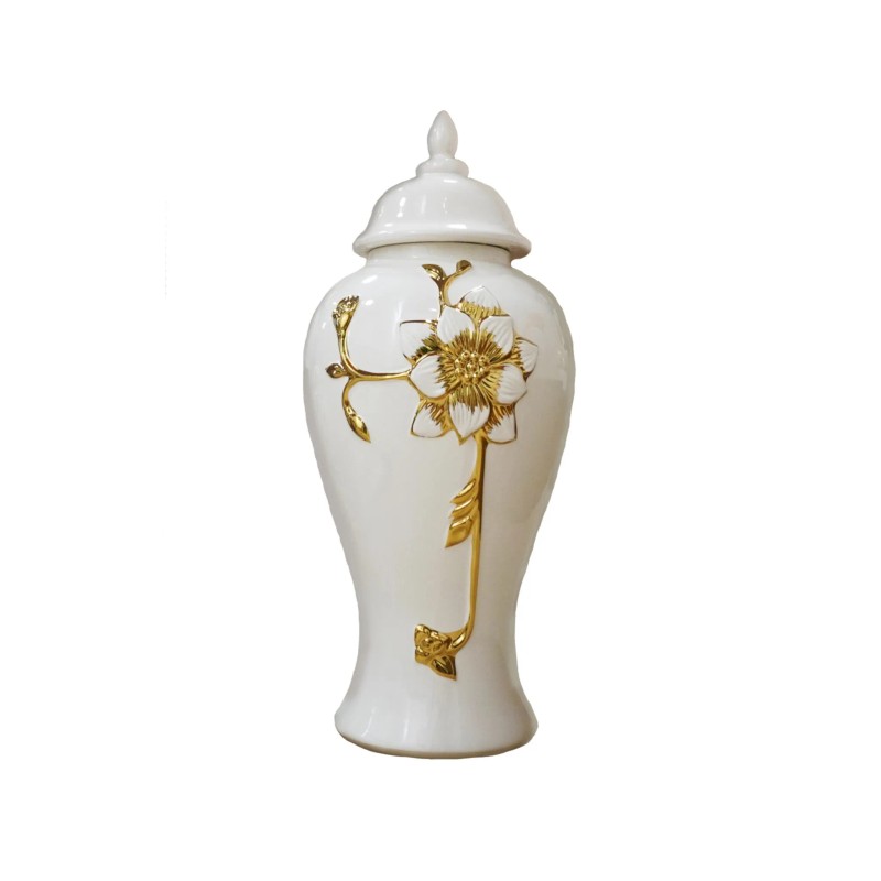 Homeroots 14" White and Gold Floral Urn Ceramic Ginger Jar