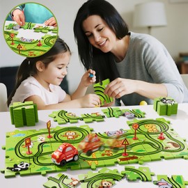 BLmukce 32-Piece Puzzle Race Car Track Set for Toddlers 1-3 | Animal-Themed Tracks, Cars & Road Signs | Puzzle Car Tracks Toddler Toy Gifts for 2 3 4 5 6 Year Old Boys & Girls