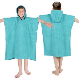 Superior Kids Cotton Terry Poncho, Soft, Absorbent Bath Towel with Hood, Bathroom Accessories, Long, Plush Bathrobes for Bath, Shower, Spa, Resort, Hotel, Beach, Pool, Boy, Girl, Large Size, Teal