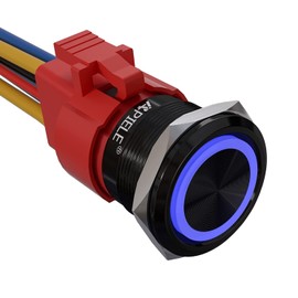 APIELE 15 Amp 22mm Latching Push Button Switch 110V-220V Angel Eye LED Waterproof Round Self-Locking 7/8'' 1NO 1NC 1 Pack (Black Aluminum, Blue)