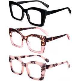 REAVEE 3 Pack Oversized Square Reading Glasses Oprah Style for Women, Blue Light Blocking Large Frame Computer Designer Fashion Readers with Spring Hinge (Black/Pink Tortoise/Tortoise Pink,2.5)