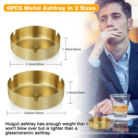 Huiguli Pack of 6 Stainless Steel Ashtrays, Ashtrays for Outdoor, Table Top Ashtray, Modern Portable Ashtray for Balcony, Home, Office, Indoor, Outdoor, Gold (10 cm / 8 cm)