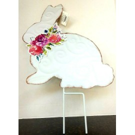 Easter/Spring Bunny Rabbit Outdoor Lawn Yard Garden White Floral Tin Stake Decor