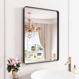 Black Bathroom Mirror, 22 x 29 Inch Wall Mounted Vanity Mirror with Rounded Corner Metal Framed, Tempered Glass, Anti-Rust, Horizontal/Vertical, Living Room